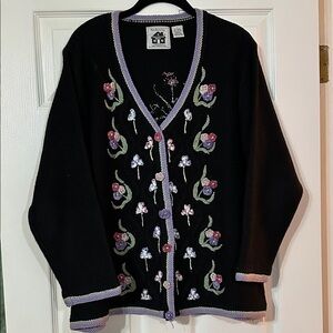 Storybook Knits Black Cardigan with Purple and Pink Embroidery
